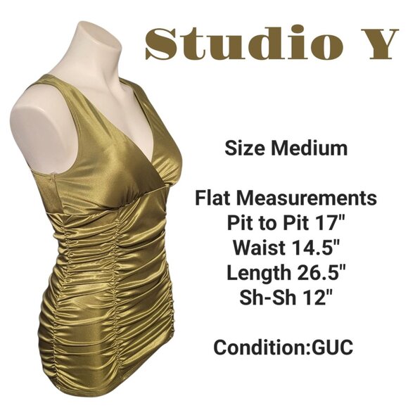 Studio Y Ruched Top Green Satin Shiny Size Medium Going Out Office Back Keyhole - Picture 2 of 9